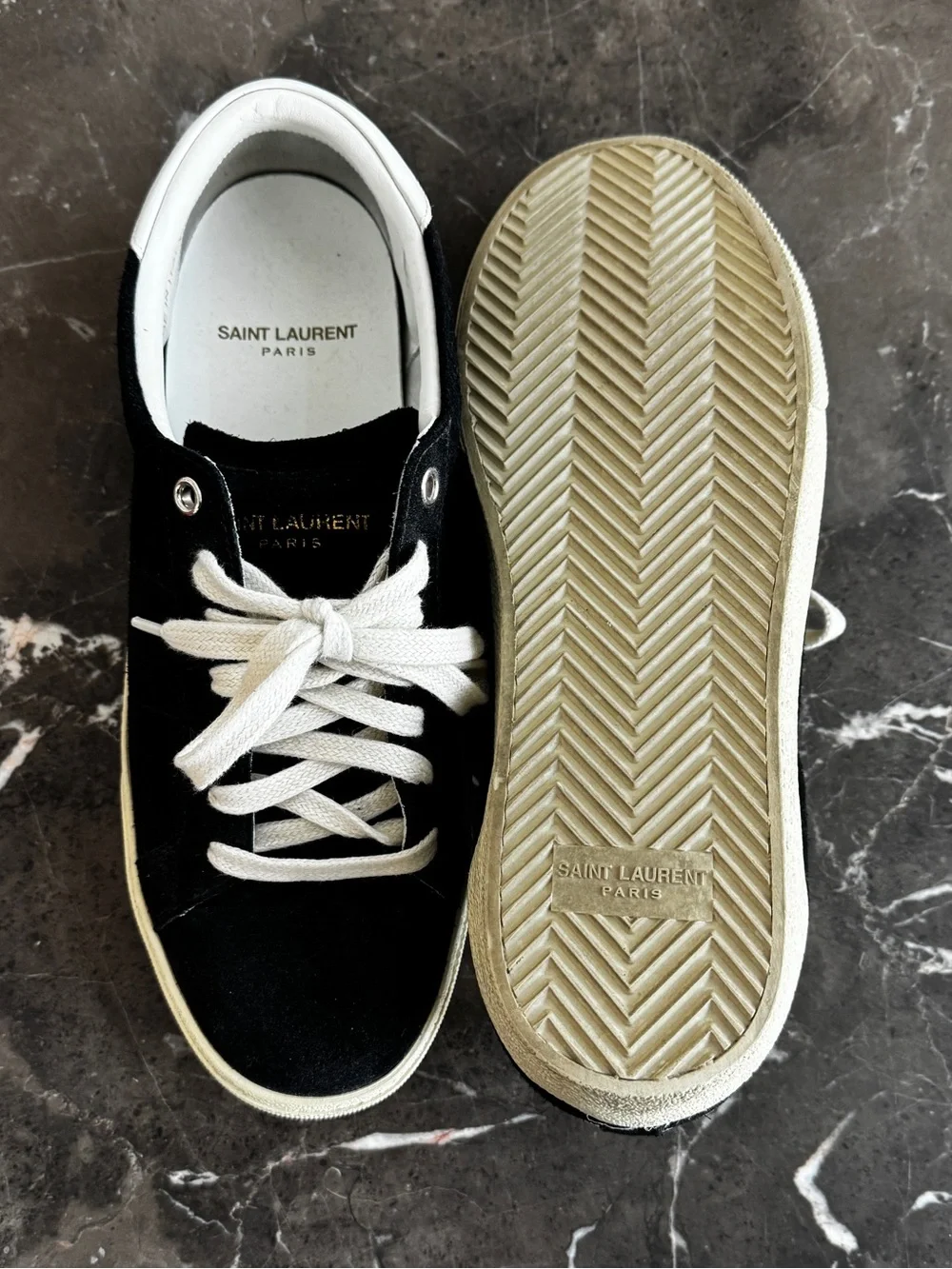 Saint Laurent Black and White Court Sneakers - Distressed suede - Picture 2 of 8